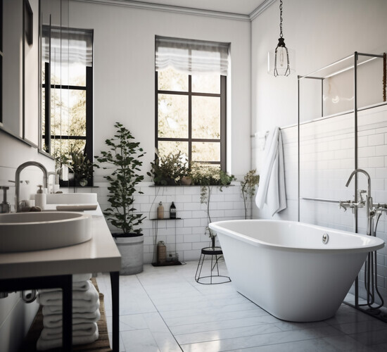 Bathroom interior with tiled floor and white bathtub.